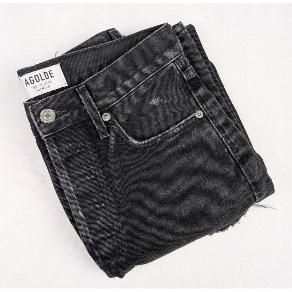 Agolde 90's Mid Rise Loose Fit in Audio Womens 24 Black Distressed Denim